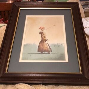 D. Nichols Woman Golfer 11x14” Watercolor Art Print Wood Frame Double Matted